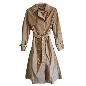 Vtg London Fog Trench Coat Sz 10 Khaki Pockets Belted w/ Stud Embellishment